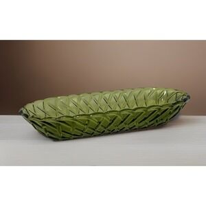 Indiana Glass Celery Dish Pretzel Avocado Depression Carnival Glass Basket Weave